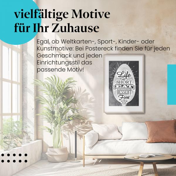 Stylisches Leinwandbild: Life is Short Eat Dessert First - Verspieltes Poster für Naschkatzen.